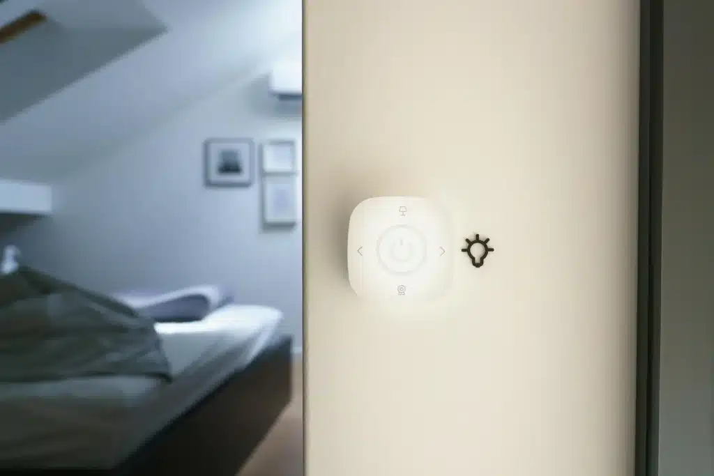 Smart light switch mounted on a wall near a blurred bedroom.