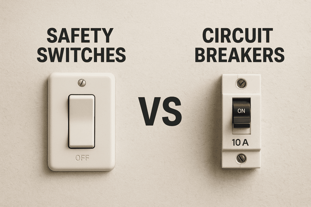 Comparison of a safety switch and a circuit breaker.