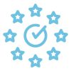 Light blue stars surrounding a checkmark in a circle.